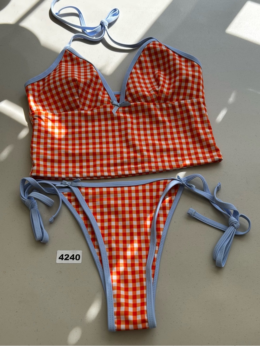 ZAFUL Bikini Tankini Set M Orange White Gingham Halter Top Tie Side Bottoms